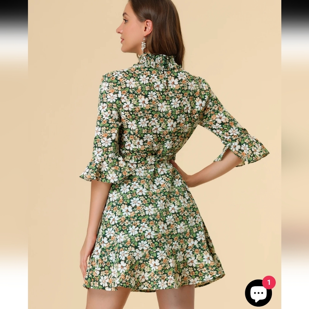 Allegra K Floral 3/4 Bell Sleeves Smocked Belted Flare Ruffle Dress Size S - Picture 2 of 16